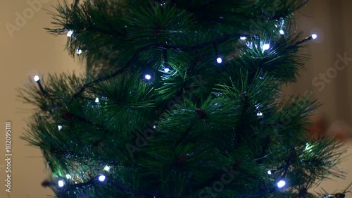 Rack Focus On A Little Christmas Tree With Flickering Lights, Winter Holiday