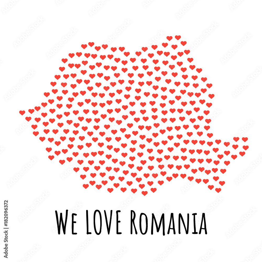 Romania Map with red hearts - symbol of love. abstract background