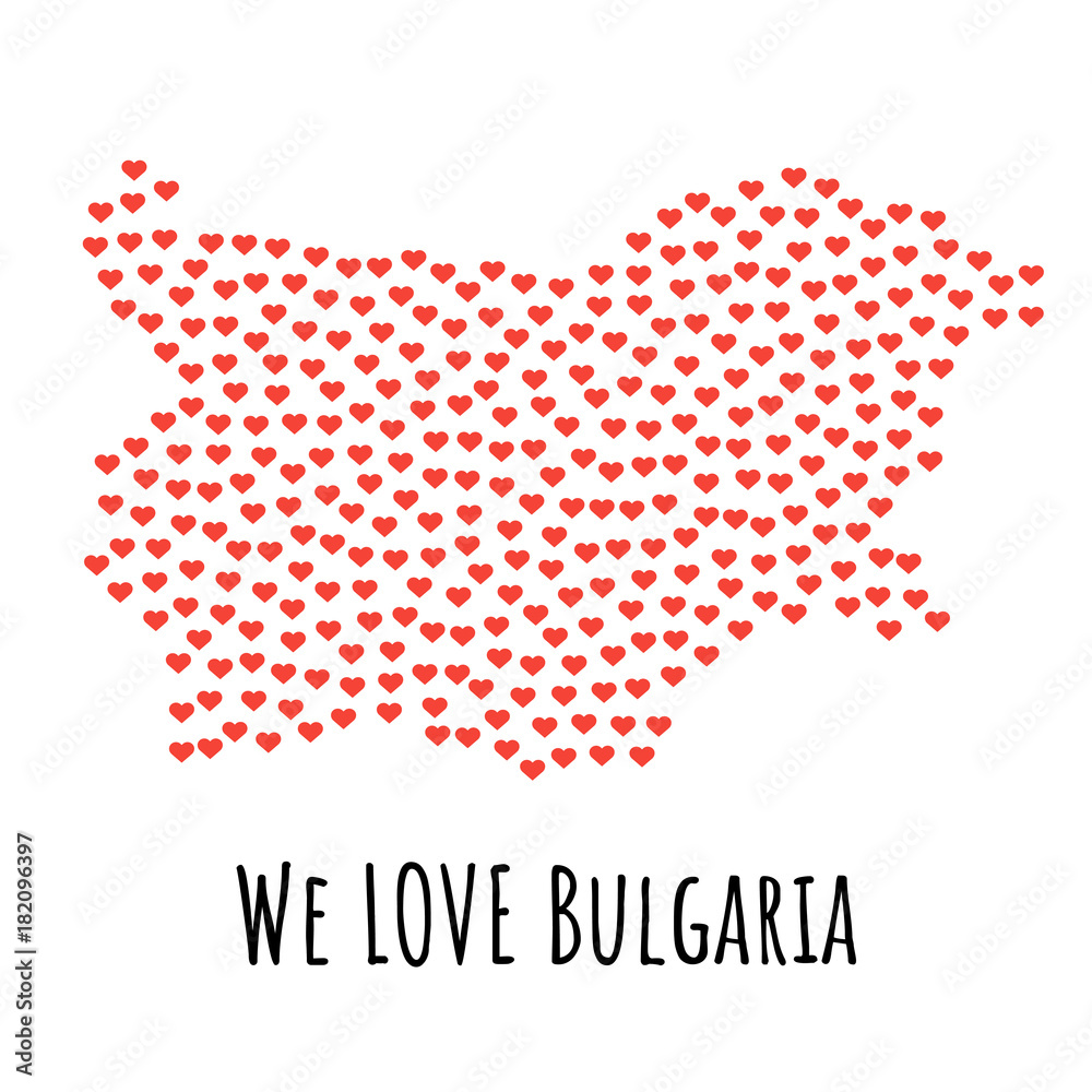 Bulgaria Map with red hearts - symbol of love. abstract background