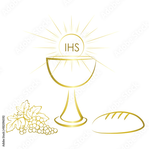 Gold chalice and first communion symbols for a nice invitation design.