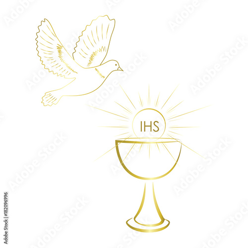 Gold chalice and pigeon - first communion sacrament symbols.