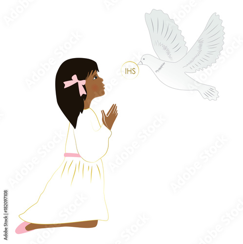 My first communion. Cute black girl praying on knees.