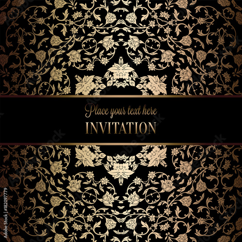 Vintage baroque Wedding Invitation template with damask background. Tradition decoration for wedding. Vector illustration in black and gold