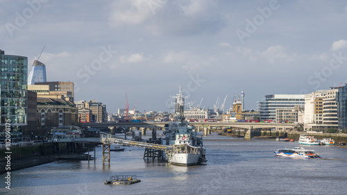 Panorama of River Thames with HMS Belfast, London, UK. Taken from Tower Bridge