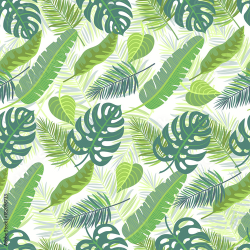 Vector seamless pattern with tropical jungle leaves
