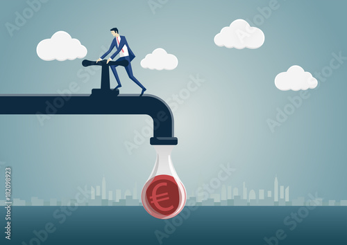 Business man squeezing one euro out of a money pipeline. Vector illustration of faucet and cartoon character. Concept of reduction, saving, tighten one's belt.