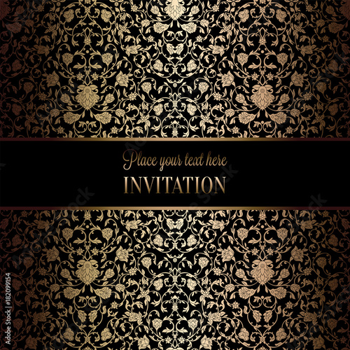 Vintage baroque Wedding Invitation template with damask background. Tradition decoration for wedding. Vector illustration in black and gold