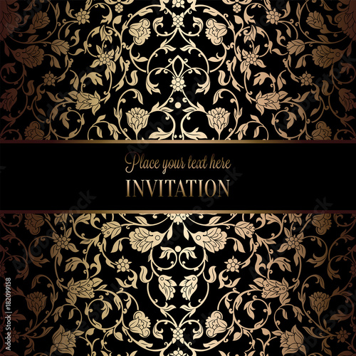 Vintage baroque Wedding Invitation template with damask background. Tradition decoration for wedding. Vector illustration in black and gold