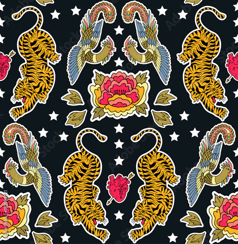 Seamless chinese pattern. Set of stickers, pins, patches and handwritten notes collection in cartoon.Tiger, dragon, bird and flower. Vector illustration
