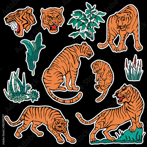 Fototapeta Naklejka Na Ścianę i Meble -  Set of tiger and plants patches elements. Set of stickers, pins, patches and handwritten notes collection in cartoon 80s-90s comic style.Vector stikers kit