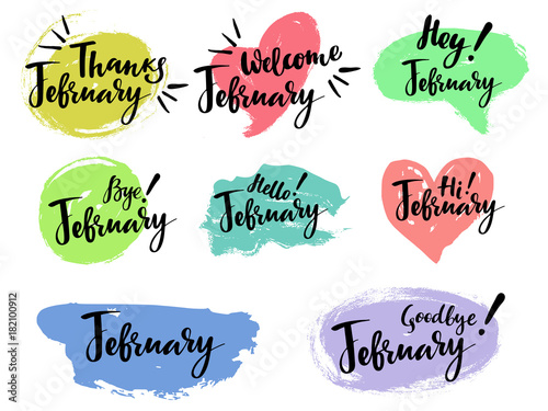 February calligraphic set with spot, heart on the background. Brush calligraphy, hand lettering. For calendar, schedule, diary, journal, postcard, label, sticker and decor.