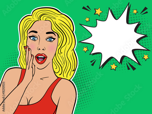 Sexy surprised blond girl in red dress on green background. Comic speech empty bubble with halftone. Colorful vector illustration of woman face  vintage comics design  pop art style background.