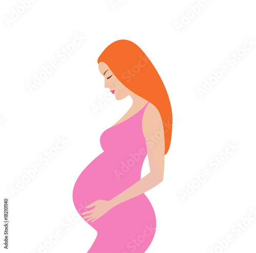 Simple cute colorful vector illustration of pregnant redhead women in pink dress.