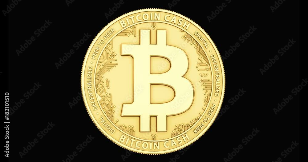 Golden Bitcoin Cash coin spinning in perfect loop isolated on black background. 4K video. 3D rendering. 