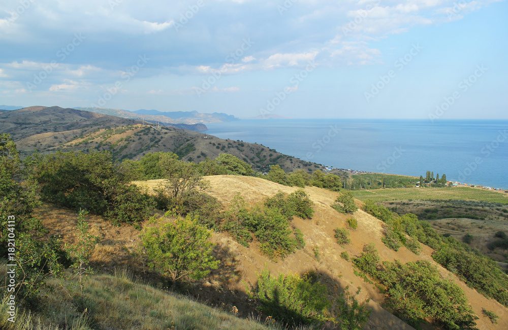 Landscape view to the mountains and sea. Coast of the Black Sea, Crimea
