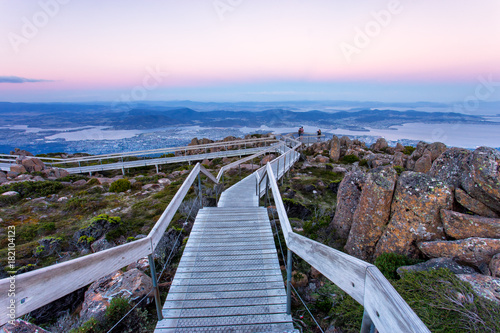 The view overlooking Hobart from Mount Wellington in Tasmania at sunset