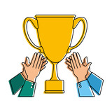 hands with trophy cup award icon vector illustration design