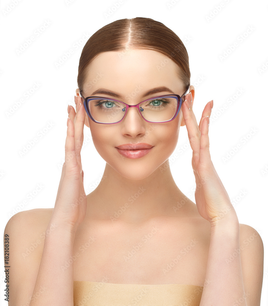 Woman in glasses. Fashion model in eyeglasses. Correction of vision. Advertising optics and eye products. Woman in glasses. Fashion model in eyeglasses. Correction of vision. Advertising optics and eye products.