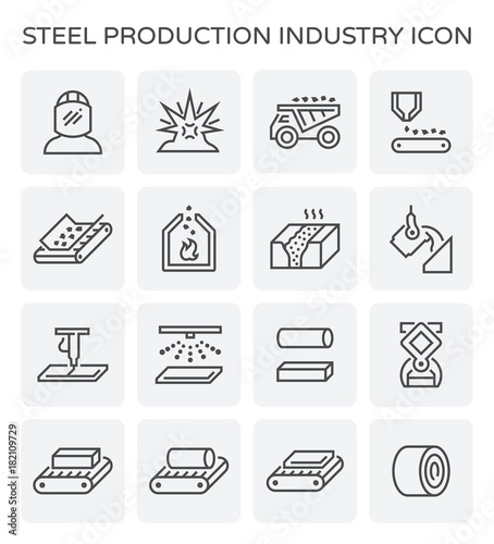 Steel production industry, manufacturing and metallurgy vector icon consist of worker, mining, factory plant and machine i.e. production line, furnace, foundry. Include process to casting product.