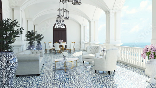 Photography 3d render from imagine classic luxury balcony sea view  Italy Mediterranean
