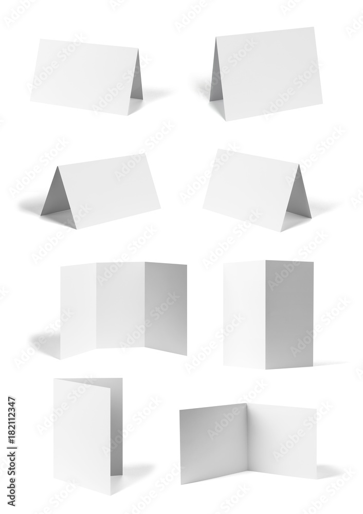 collection of various  blank folded leaflet or a desktop calendar white paper on white background. each one is shot separately