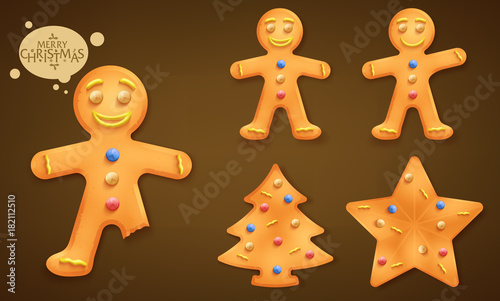3D Smiling Brown  Gingerbead Man, Christmas Tree and Star Cookies Set for Children this Coming Christmas Holiday Season in Brown Vignette Background. Vector Illustration
