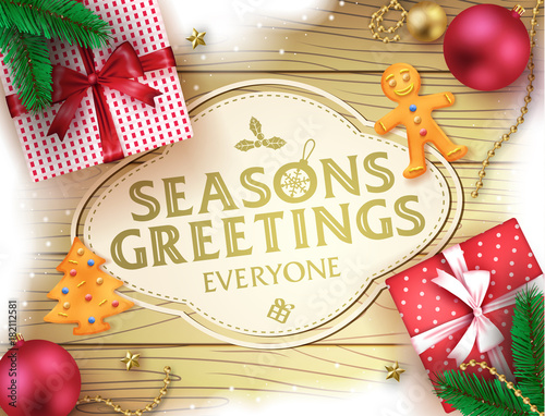 Christmas Seasons Greatings Decorative Greeting Poster in Brown Wooden Background with Snow, Christmas Balls Gifts, Ginger Bread and Pine Leaves For Holiday Season. Vector Illustration
