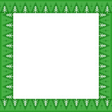 Cute Christmas or new year border with fir trees on green background with space for text. Vector template, frame, illustration.