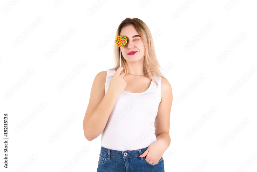 Young cute girl with lollipop, isolated Young cute girl with lollipop, isolated