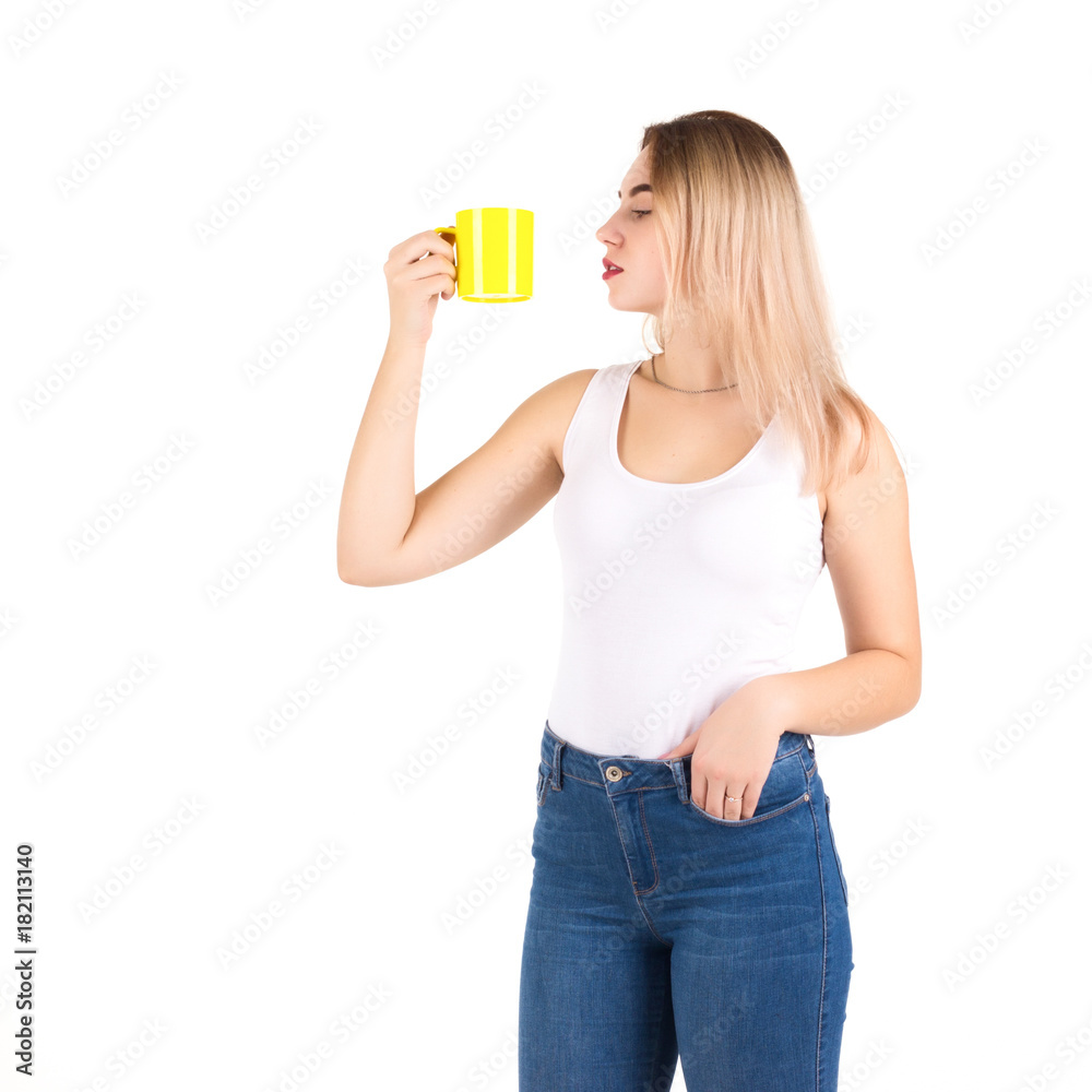 Young cute woman drinks coffee or tea, isolated Young cute woman drinks coffee or tea, isolated