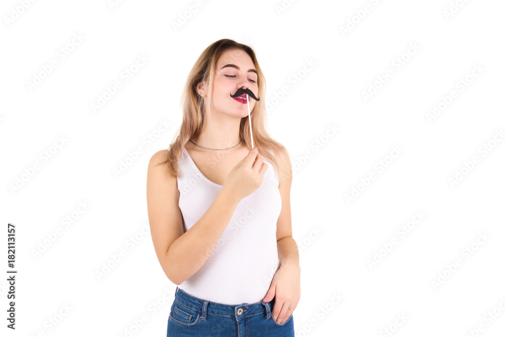 Young cute girl with moustache, studio Young cute girl with moustache, studio