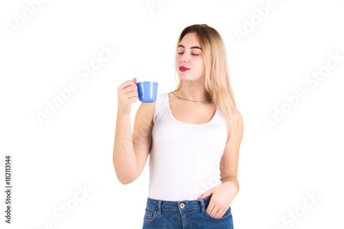 Young cute woman drinks coffee or tea, isolated 