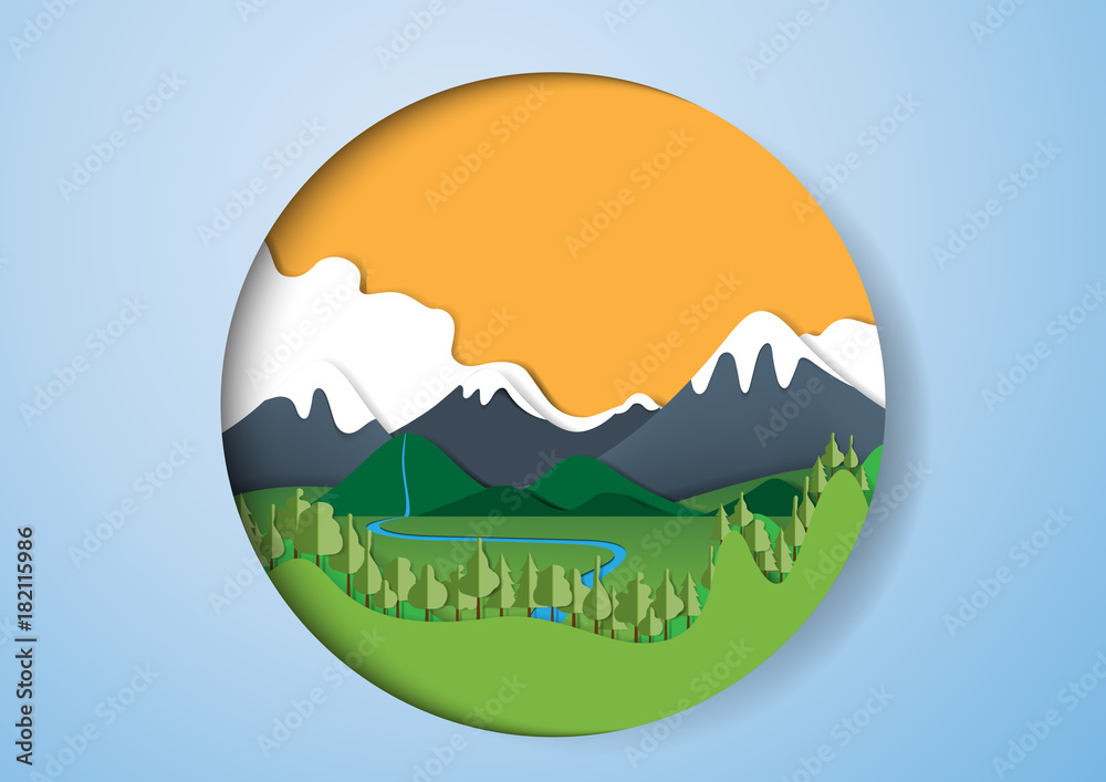Green nature landscape paper art background.Forest,ecosystem and environment conservation concept.Vector illustration.