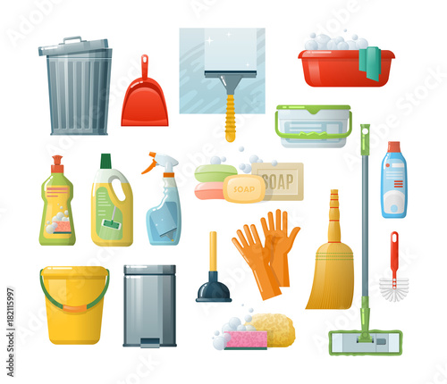 Set accessories for cleaning: buckets, tools, brushes, basins, gloves, sponges.