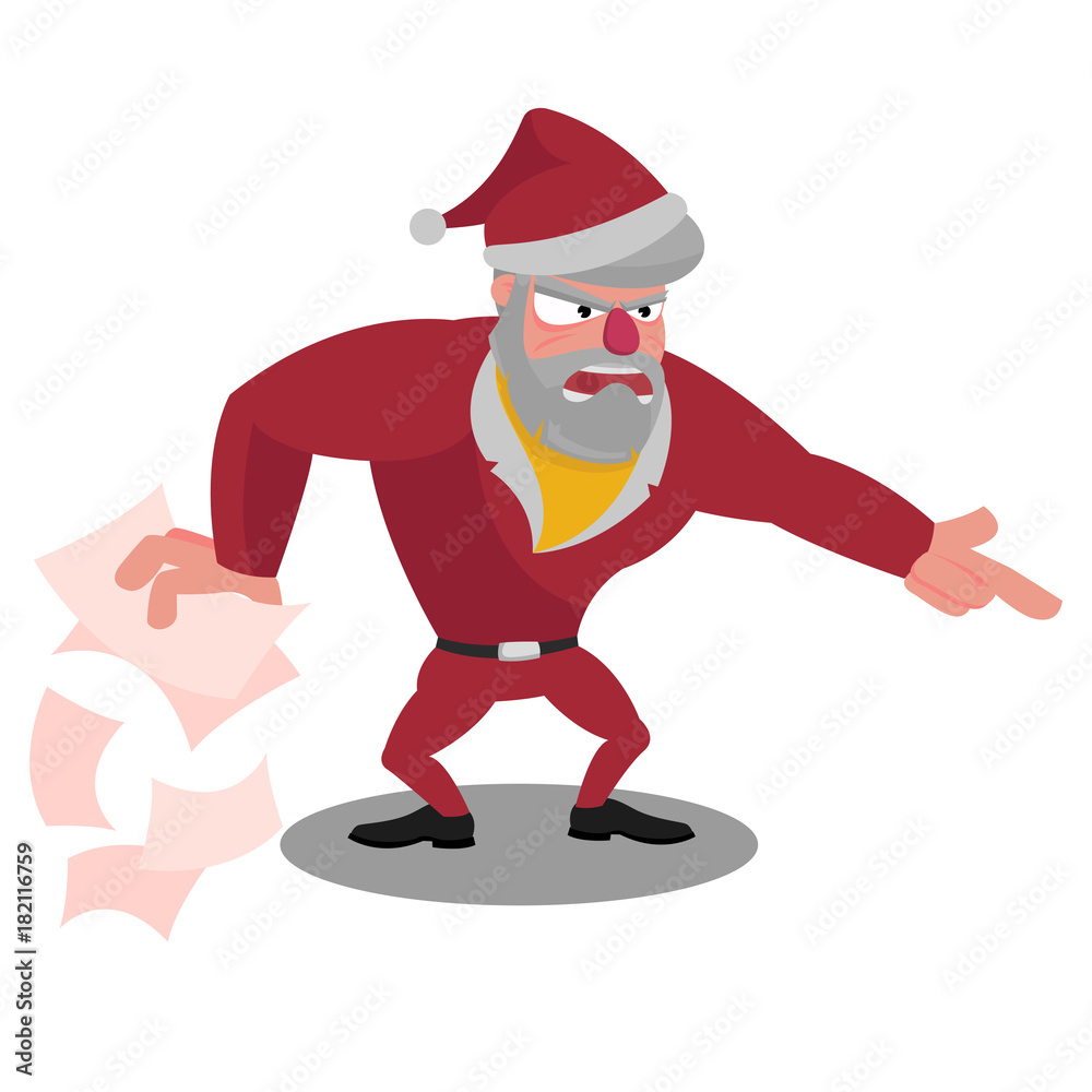 Angry Santa spreads the wrapping paper and points with his finger Angry Santa spreads the wrapping paper and points with his finger