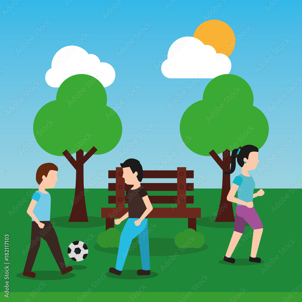people at park playing and making sport sunny landscape vector illustration