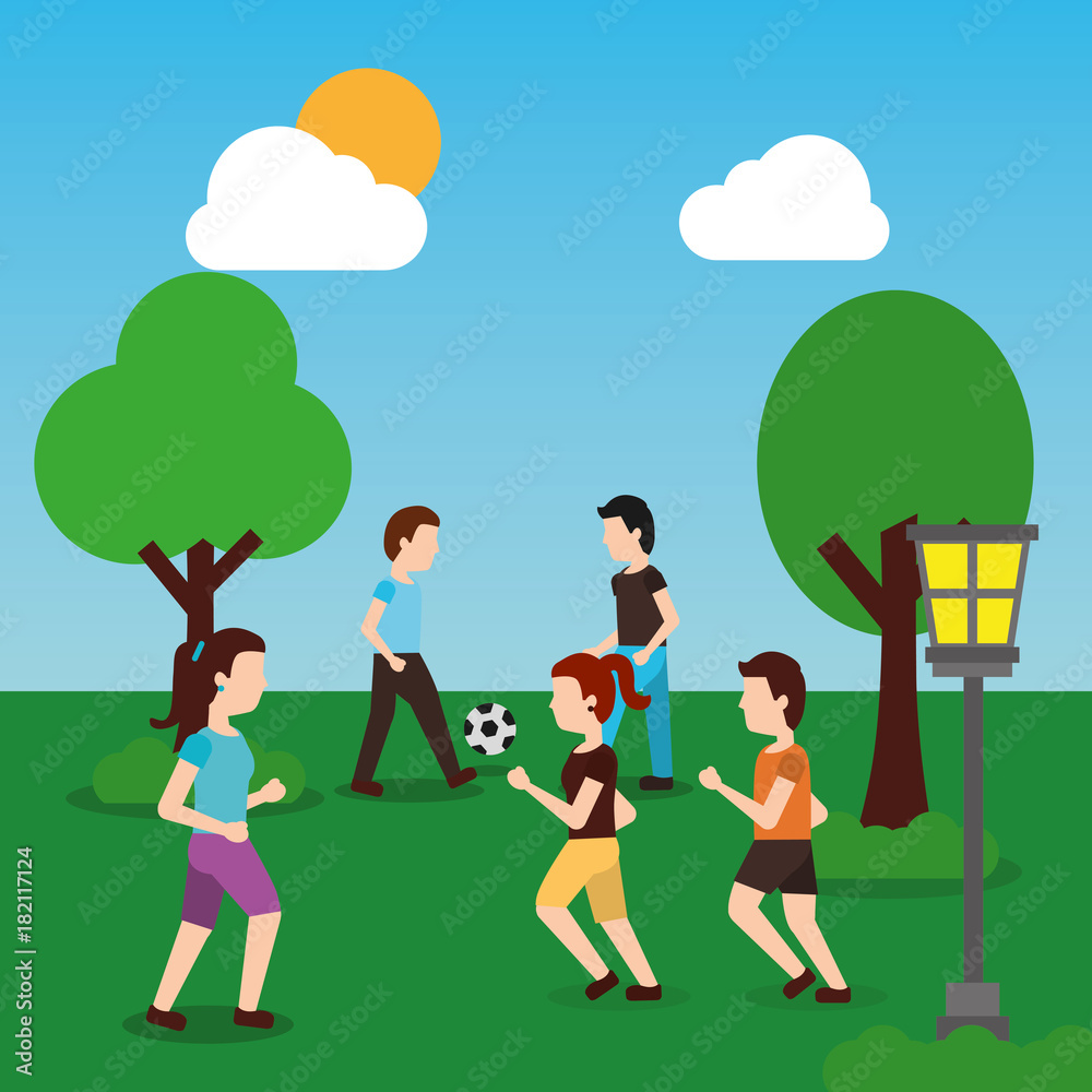 young people in park man girls walking, men playing ball vector illustration