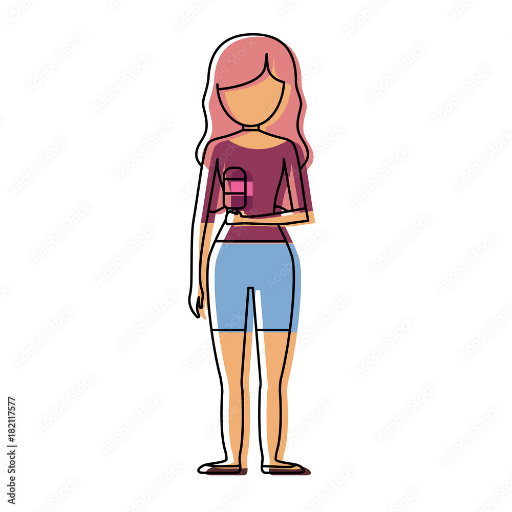 woman   with  pink hair  and ice cream with two flavors  vector 