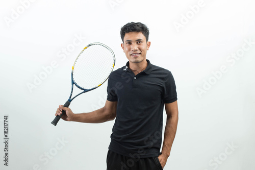 Young men holding racket player tennis isolated on white background © i am way