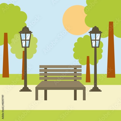 park bench lamp tree sun landscape scene vector illustration