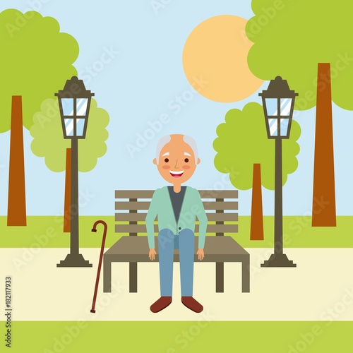 old man grandpa sitting in bench waiting vector illustration