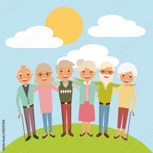 embraced elderly woman and man smiling together landscape vector illustration