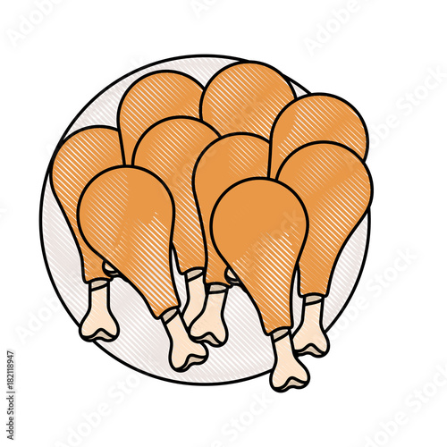 chicken thighs on dish in colored crayon silhouette on white background vector illustration