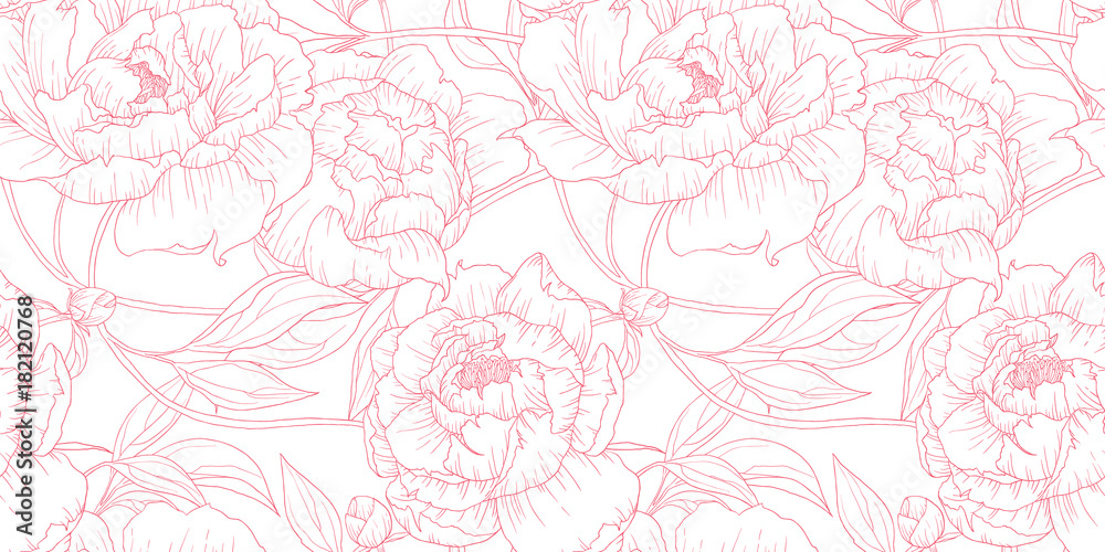 Fototapeta premium Jednolite wzór, ręcznie rysowane zarys różowy Piwonia kwiaty na białym tle