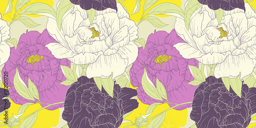 Seamless pattern, hand drawn pink, white and purple Peony flowers on yellow b...