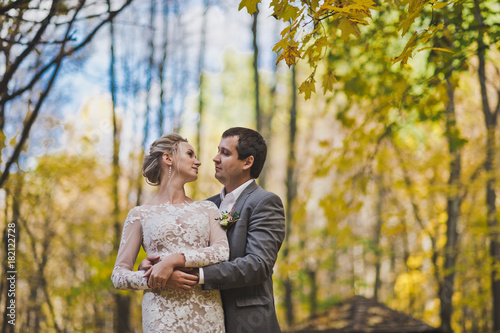 A beautiful portrait of the newlyweds on the background of the autumn f