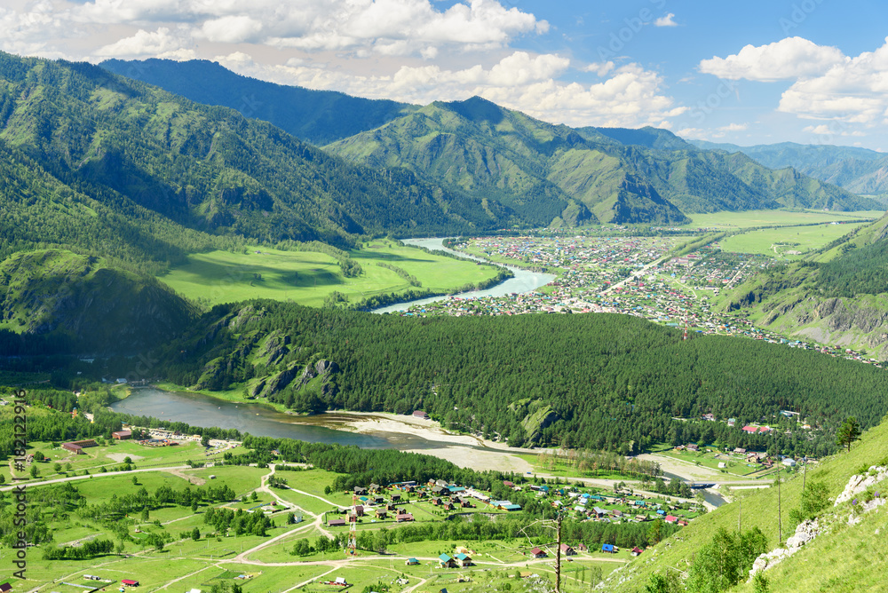 View of Chemal village from mountain Camel. Altai Republic, Russia