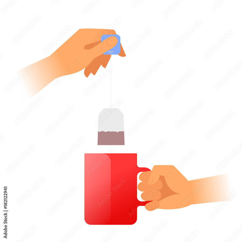 Human hands is holding a red teacup and brewing tea. Hand holds by the handle the hot mug with steam and another holds the tea bag. Flat vector illustration. Material design element isolated on white. Human hands is holding a red teacup and brewing tea. Hand holds by the handle the hot mug with steam and another holds the tea bag. Flat vector illustration. Material design element isolated on white.