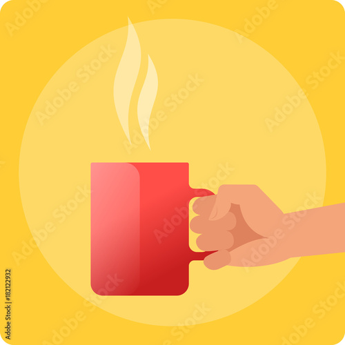 Human hand is holding a red ceramic cup with coffee or tea. Flat vector illustration of hand holds a hot mug by the handle. Design element isolated on white for web, presentations, infographics.