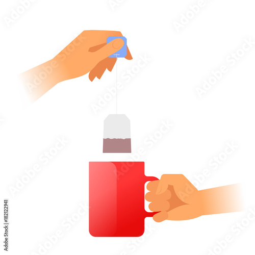 Human hands is holding a red teacup and brewing tea. Hand holds by the handle the hot mug with steam and another holds the tea bag. Flat vector illustration. Material design element isolated on white.